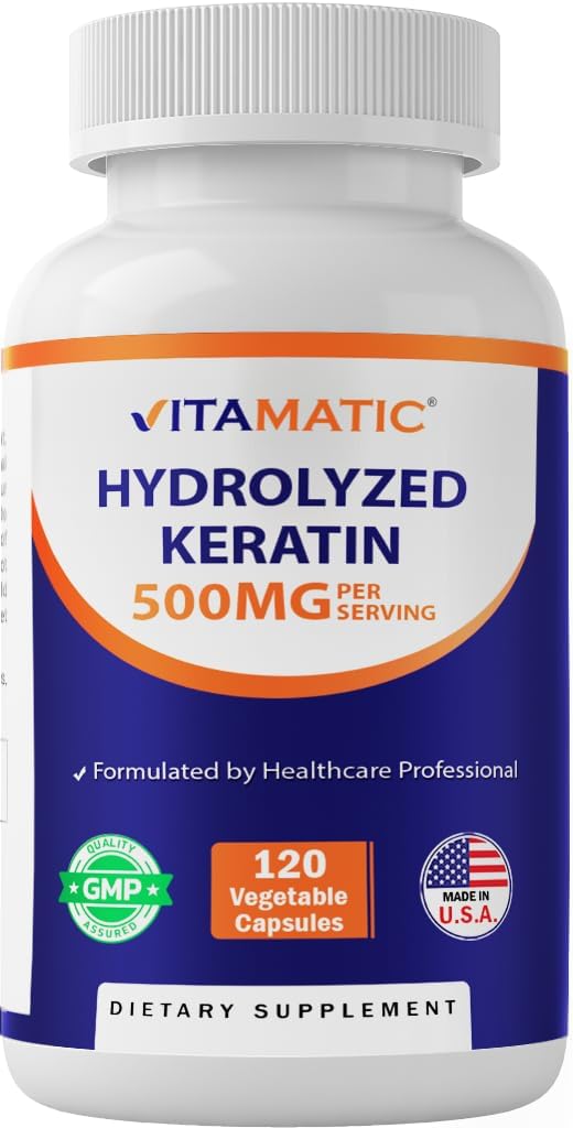 Vitamatic Hydrolyzed Keratin 500mg per Tarjoilu - 120 kasvissyöjä kapselit - Keratin täydentää terveille hiuksille iho & kynnet aikuisille