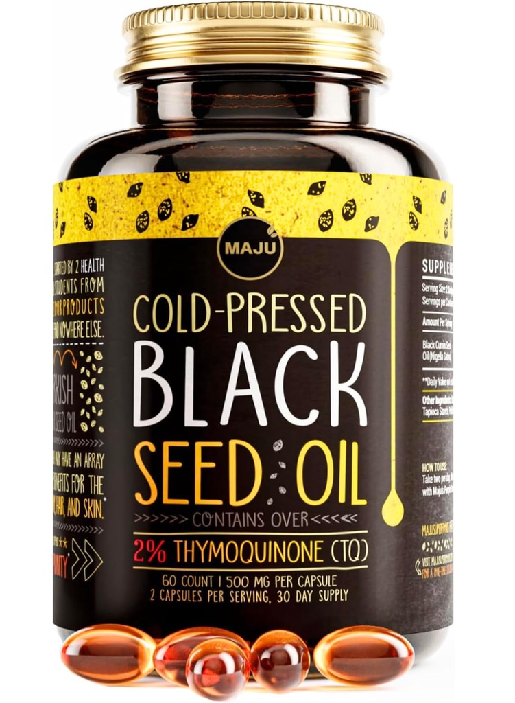 Maju Superfoods Black Seed Oil Capsules - Cold Pressed, 2% Thymoquinone, 100% turkisk svart kumin Nigella Sativa Seed Oil, Liquid Pure Blackseed 60 Count, 500mg per kapsel
