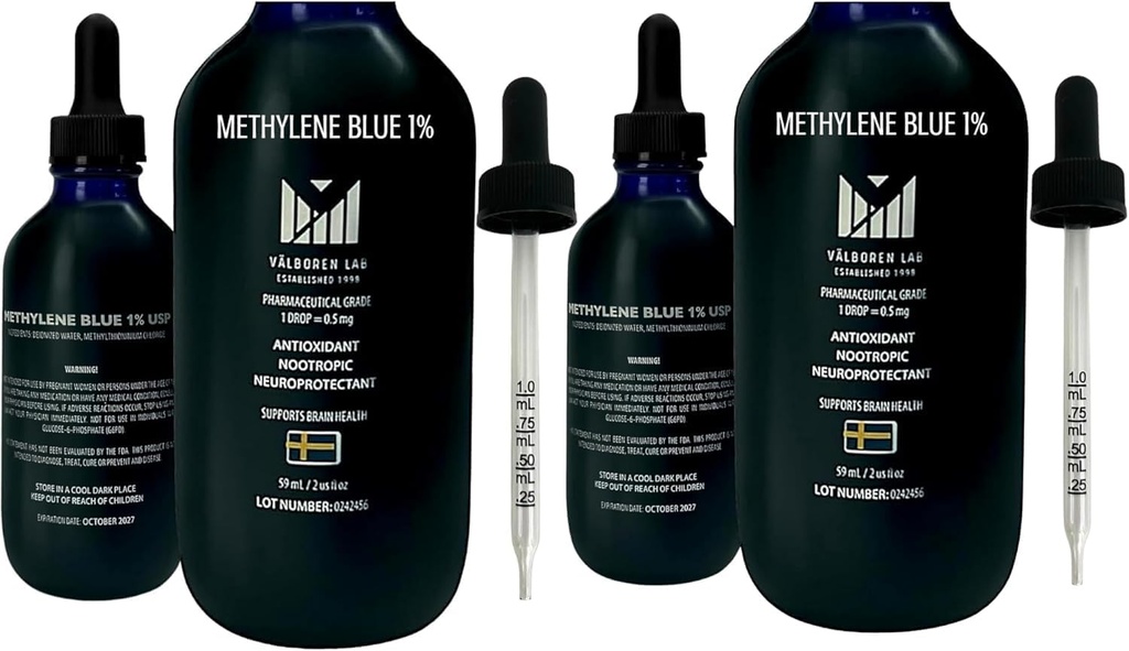 Metyleeni Blue Pharmaceutical Grade Bundle - 2 oz & 4 oz pullot - USP Grade - Made in USA - kolmannen osapuolen testattu, Formaldehydi & alkoholiton - aivojen terveys täydentää - Metyleeni 1% Drops for Humans