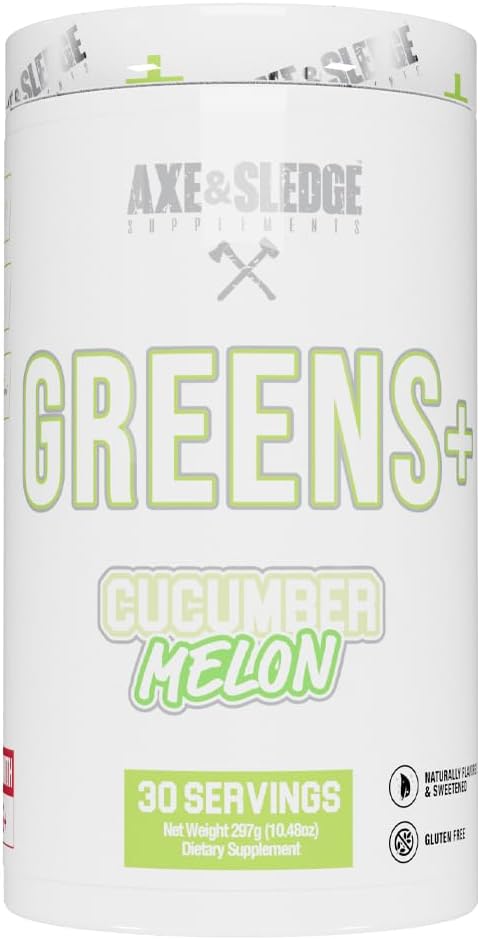 Axe & Sledge Greens + Superfood Powder | Greens Juice, Probiotika, Digestive Enzymes, Ashwagandha, Coconut Water Powder | Naturligt smaksatt och sötad, 30 portioner, Plus V2 Cucumber Melon
