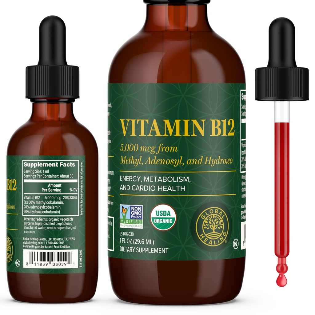 Global Parannuskeskus - B12-vitamiinin sublingual 5000 MCG Organic Liquid Supplement, Methylcobalamin, Adenosylcobalamin, Hydraxo Long-Lasting Energy and Healthy Metabolia - Vegaani B12-vitamiinit (1 Oz)