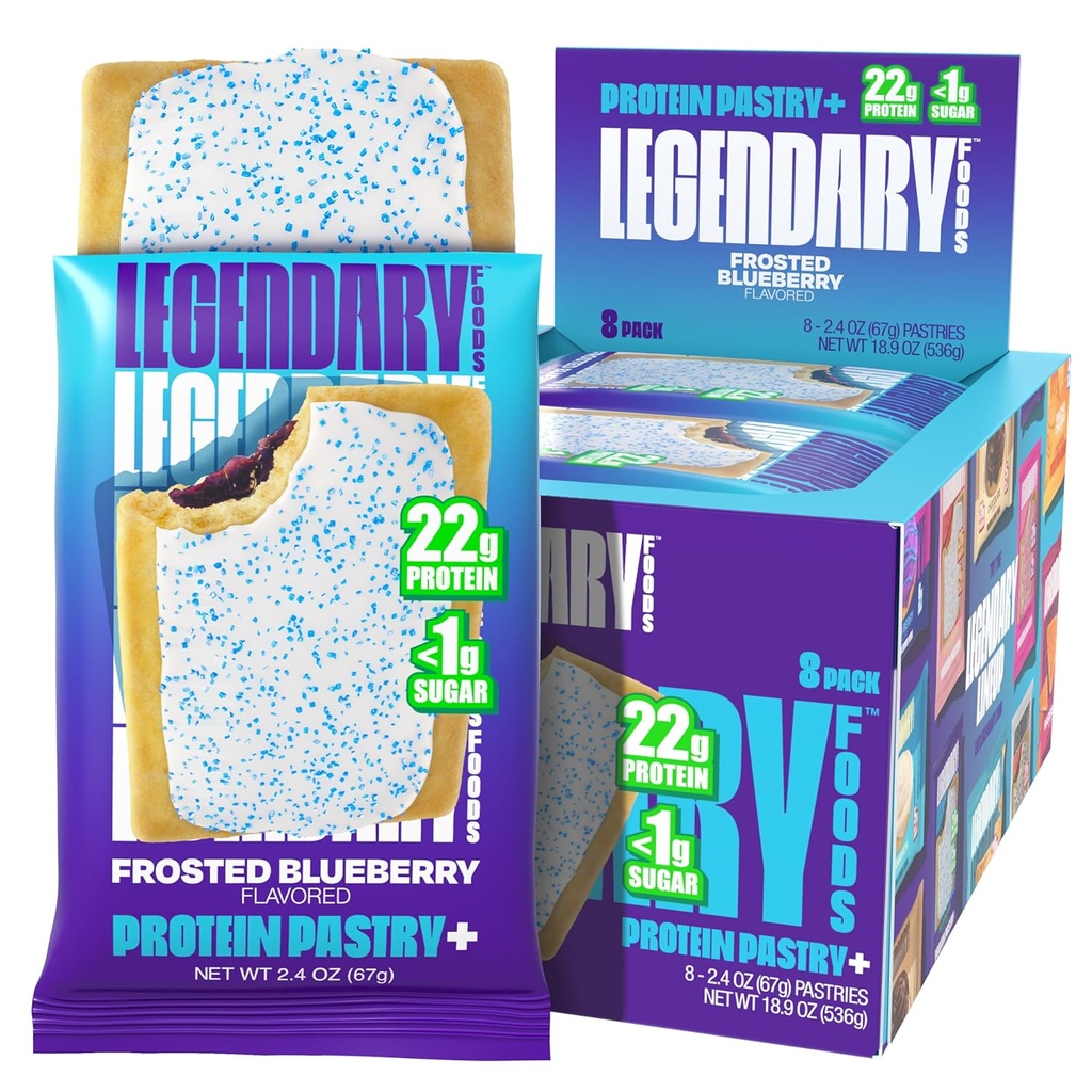 Legendary Foods 22g Protein Pastry + Frosted Blueberry, Low Carb Meal Replacement Bar - Low Glycemic, Gluten Free Protien Snacks - Healthy Keto Snack Box 8 Zero Sugar Energy Bars - Diabetic Friendly