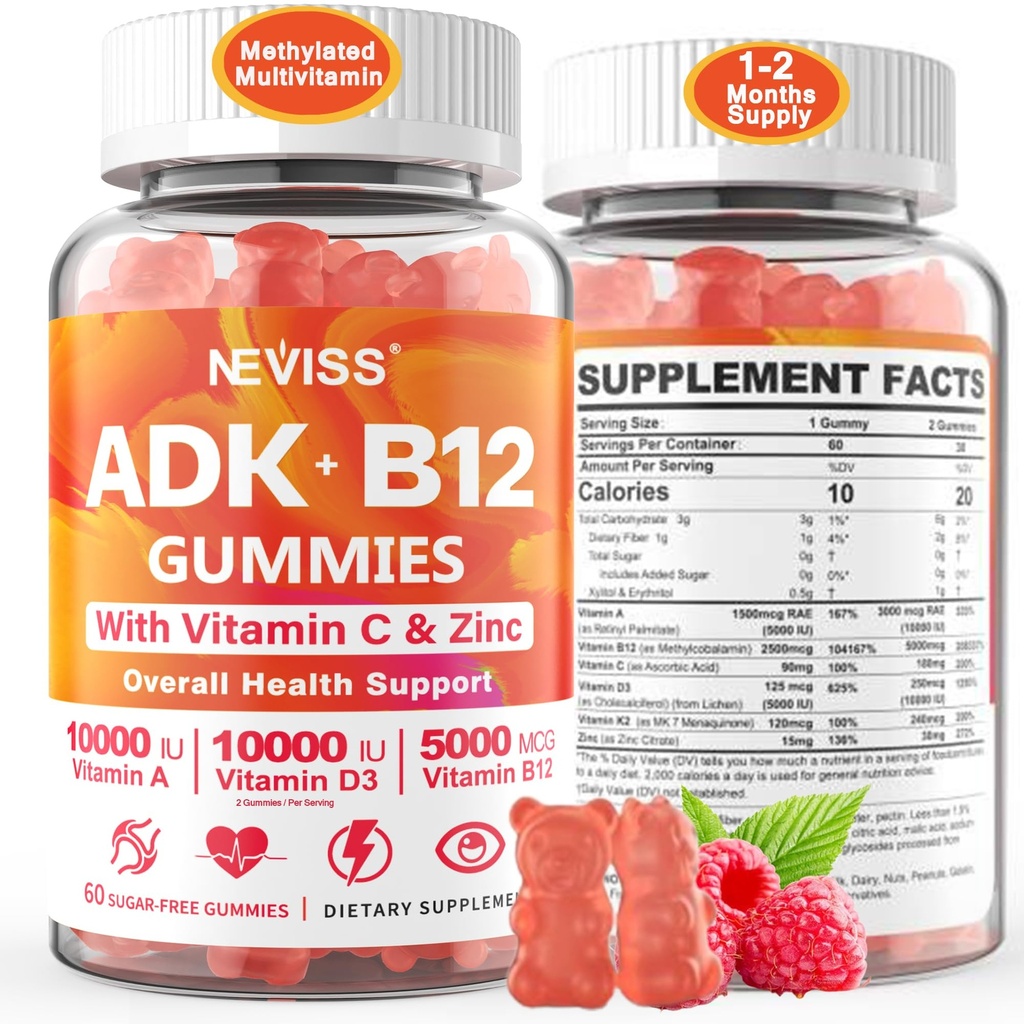 Methylated Multivitamiini Women Miehet, D3 K2 5 000IU / 10 000IU, B12 5000 mikrog 2500 mikrog, K2 (MK-7) 240 mikrog- ADK+Metyyli B12, Vegan D3, Vitamin A, C, Zinc Eye, Bone,Energy,Immune, Sokerittomat Gummies