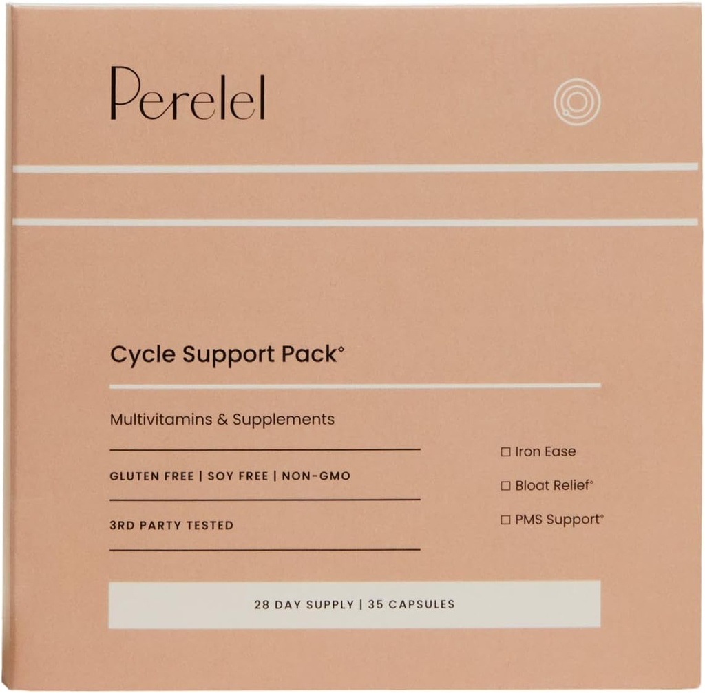 Perel Cycle Support Pack, Päivittäinen täydennys rauta, C-vitamiini, B12 & bloat ja PMS Support Blend, Soy, Dairy & Gluteeniton, 28 päivän tarjonta