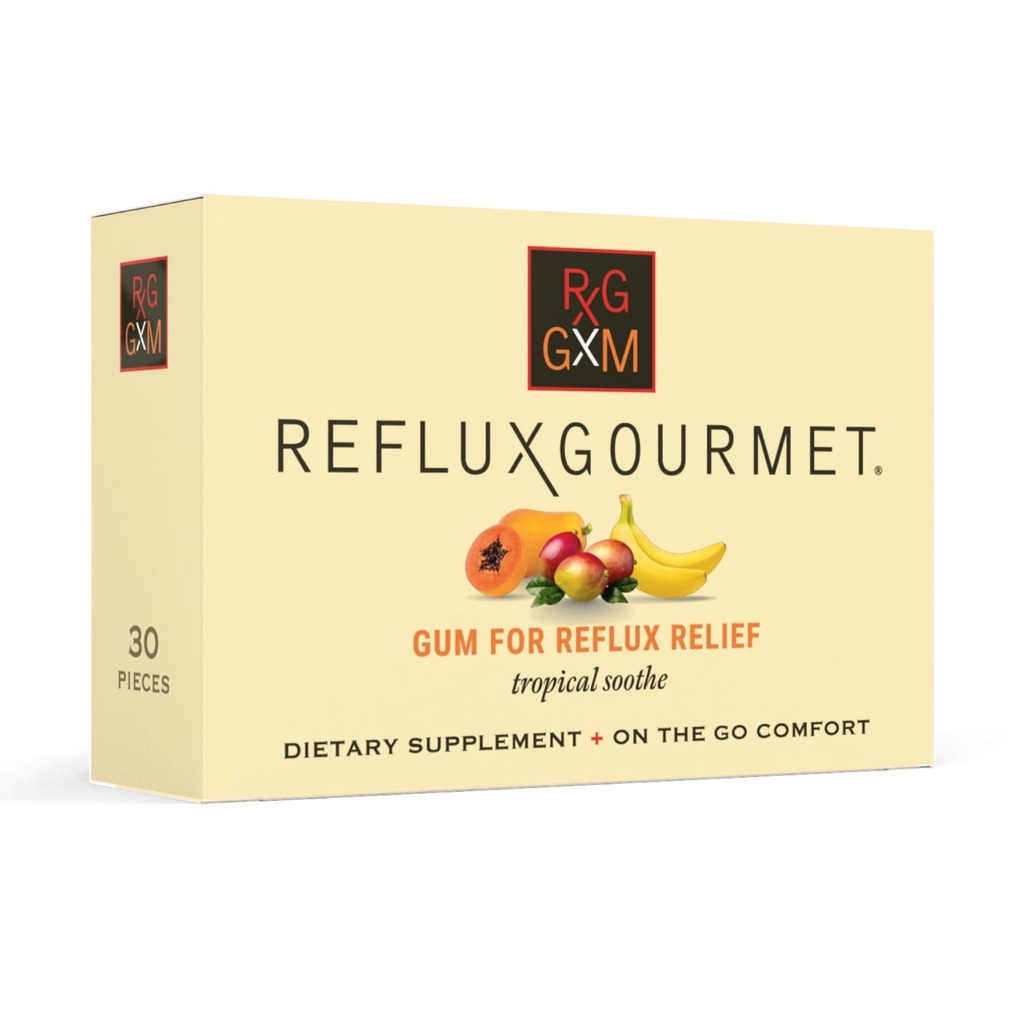 Reflux Gourmet Tropical Soothe Gum Alginate Therapy Sodium Bicarbonate Gum for Acid Reflux, Oral, Kognitive, and Digestive Support, Natural with inkivääri, Celeriac, Aloe, Sokeriton, Gluteeniton, Vegaani