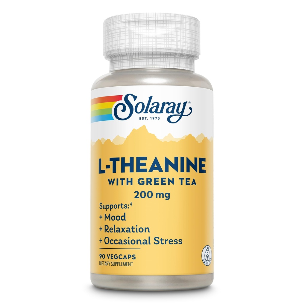 SOLARAY L-Theanine 200mg Green Tea - Terveellinen mieliala, rentoutuminen ja satunnaiset stressi tuki - Lab todennettu, vegaaninen, Gluteeniton - 90 Tarjoilut, 90 VegCaps