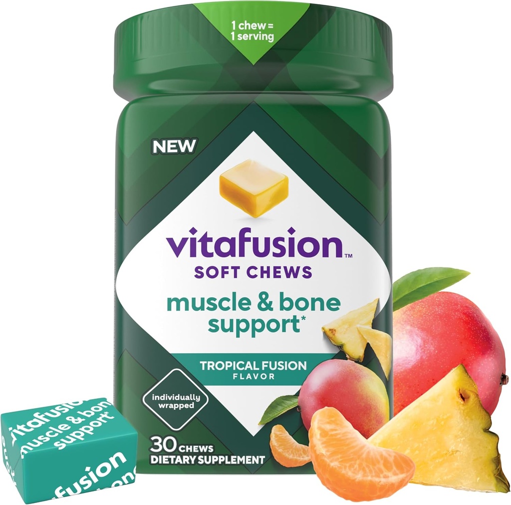 Vitafusion Soft Chews Muscle & Bone Support (1), aikuisten pureskeltava D-vitamiini luu- ja lihastuki, yksilöllisesti kääritty, Trooppinen Fusion Flavor, 30 purukumia, 30 päivän tarjonta