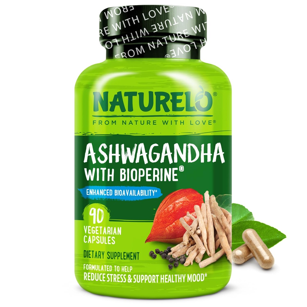 NATURALO Ashwagandha Organic Root Powder - Natural Yrtit täydentää väsymys, Stressi helpotus, Mielenparannusaine - Black Pepper Extract - 90 Vegaani kapselit