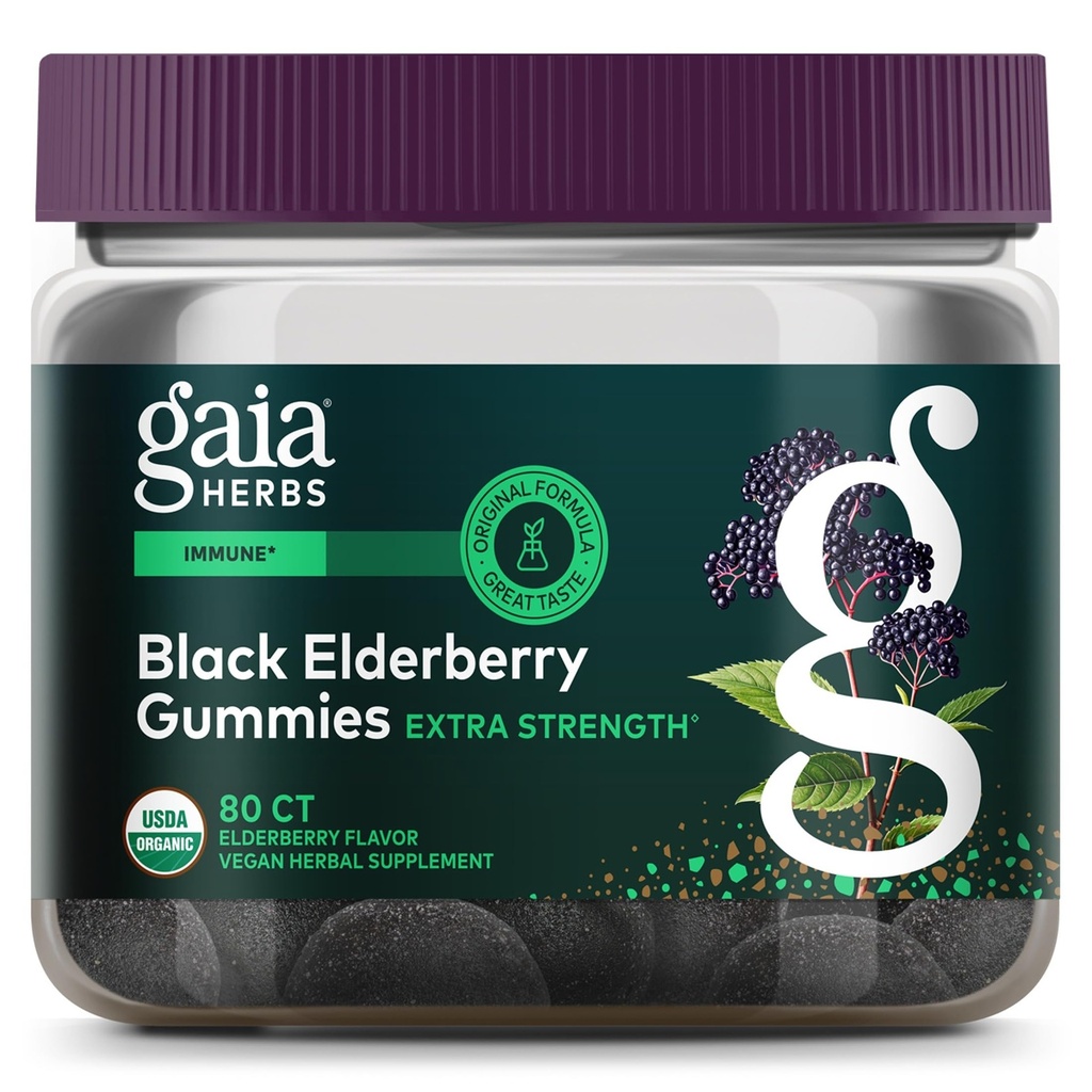 Gaia Yrtit Musta Elderberry (Sambucus Nigra) Extra Strength Gummies - Herkullinen Immuuni Support Supplement - Valmistettu Certified Organic Black Elderberries for Immuno System Support - 80 Gummies