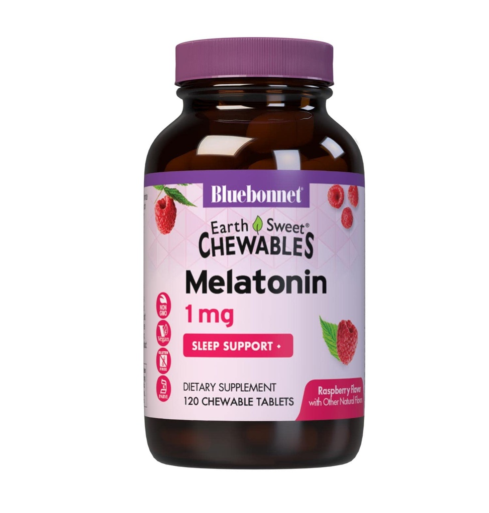 Bluebonnet Nutrition EarthSweet Melatoniini 1 mg Nopeasti toimiva Nopea liuotus Yöllä rentoutuminen & Levokas uni tuki - uniapu - Gluteeniton, vegaaninen - Vadelma maku - 120 purutablettia