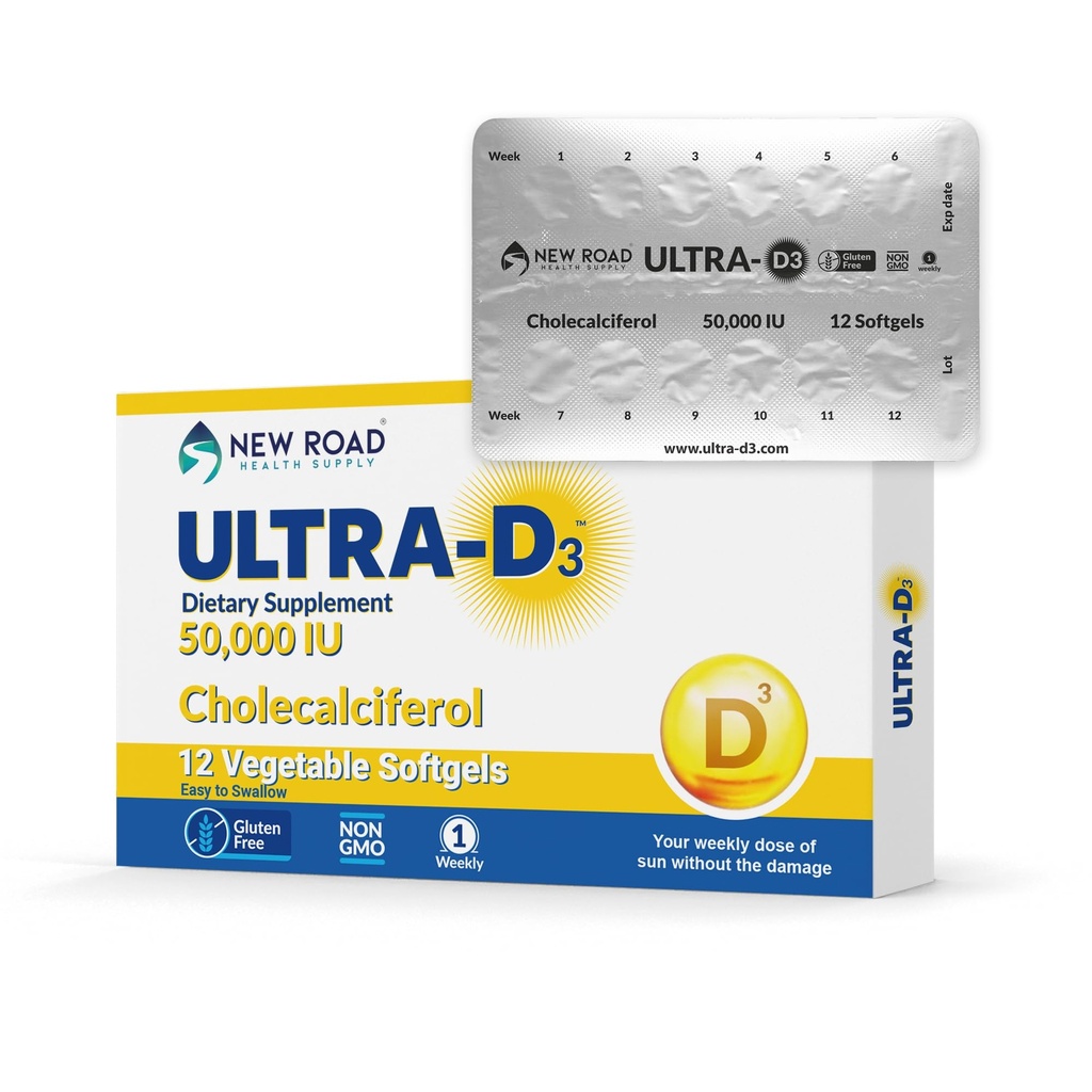 New Road Health Supply, High-Potency Vitamin D3 50.000 IE, Once-Weekly Softgel, stöder ben, tänder och immun hälsa, lätt att svälja, glutenfri, 12 greve