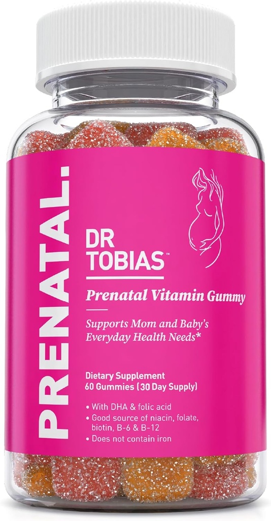 Tobias prenataalivitamiini Gummy, Iron Free Prenatal Vitamiines with DHA and Folic Acid, Niacin, Biotin, B6, & B12, sisältää kalaöljyä, pre- ja postnataalitukea varten, 60 Gummies, 30 Servings