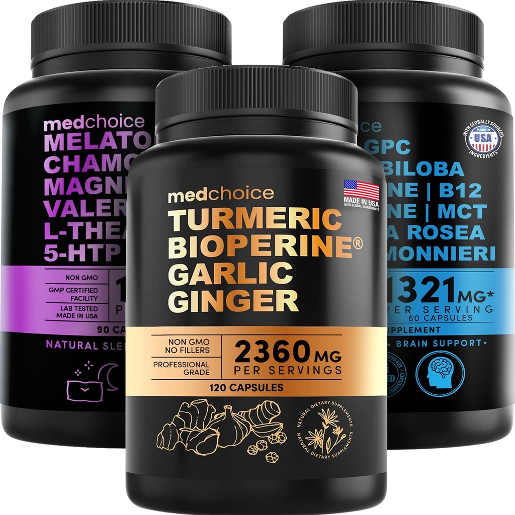 MEDCHOICE Turmeric & Inkivääri (120ct), unimelatoniini (90ct) ja nootrooppiset aivot (60ct) täydennysosa Bundle - Wellness Trio aivoille, nukkua, & Immuuni tuki - Vegan, ei-muuntogeeniset, gluteeniton