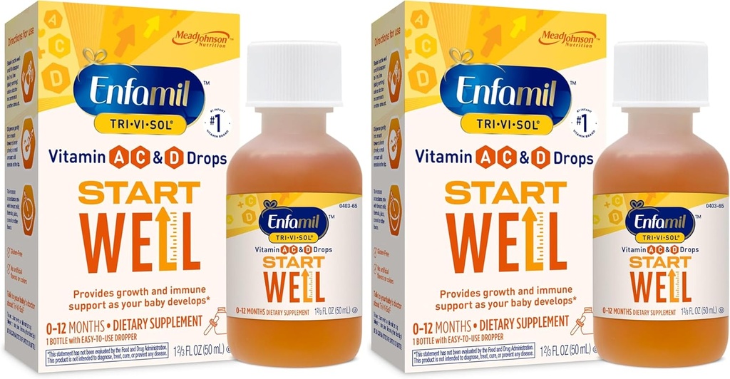 Enfamil Prenatals & Baby Vitamiinit Tri-Vi-Sol A-vitamiini, C & D Multi-Vitamin Drops for Immunoglobins, tukee kasvua ja immuuniterveyttä, 50 ml Dropper Bottle,1,69 Fl Oz (pakkaus 2), MJ-030
