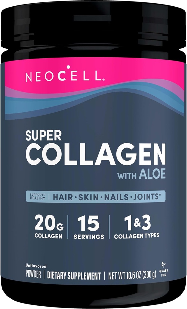 Neocell Super Collagen Aloen kanssa; Kollageeni tyyppi 1 ja 3; Tukee terveitä hiuksia, ihoa ja kynsiä; Gluteeniton; Makuton jauhe; 10 g kollageenia/Serving; 30 tarjoilua; 10.6 Oz, *