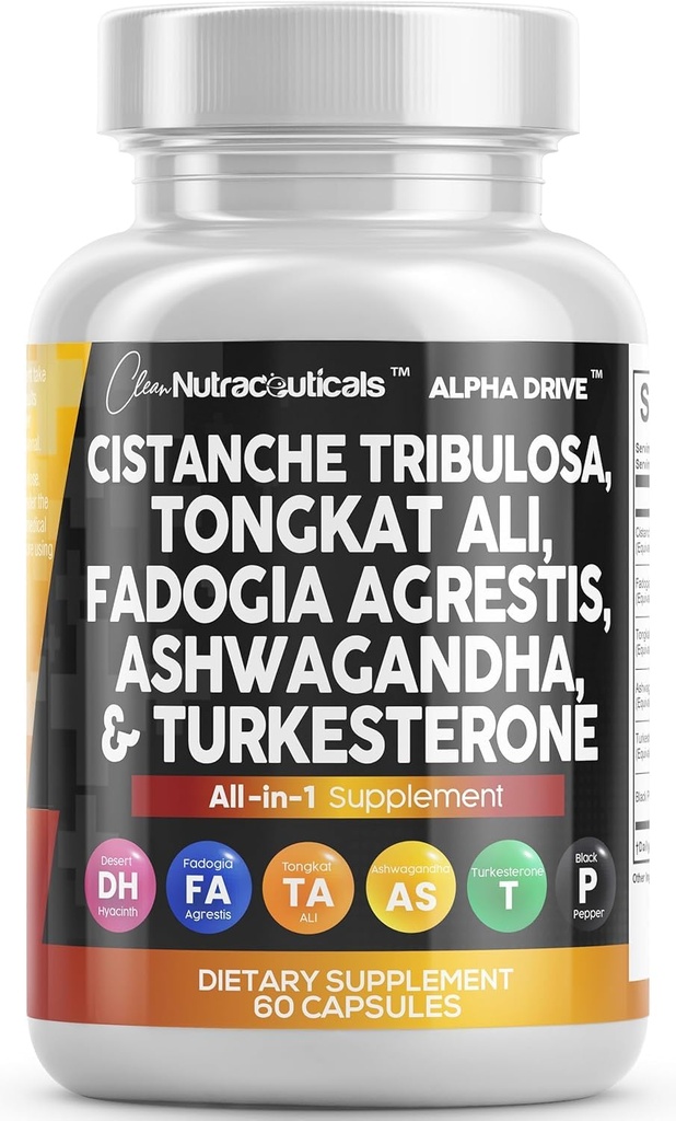 Clean Nutra Cistanche Tribulosa Fadogia Agrestis Tongkat Ali Turkesterone Pills Ashwagandha Capsules Supplement för män - 60 Count