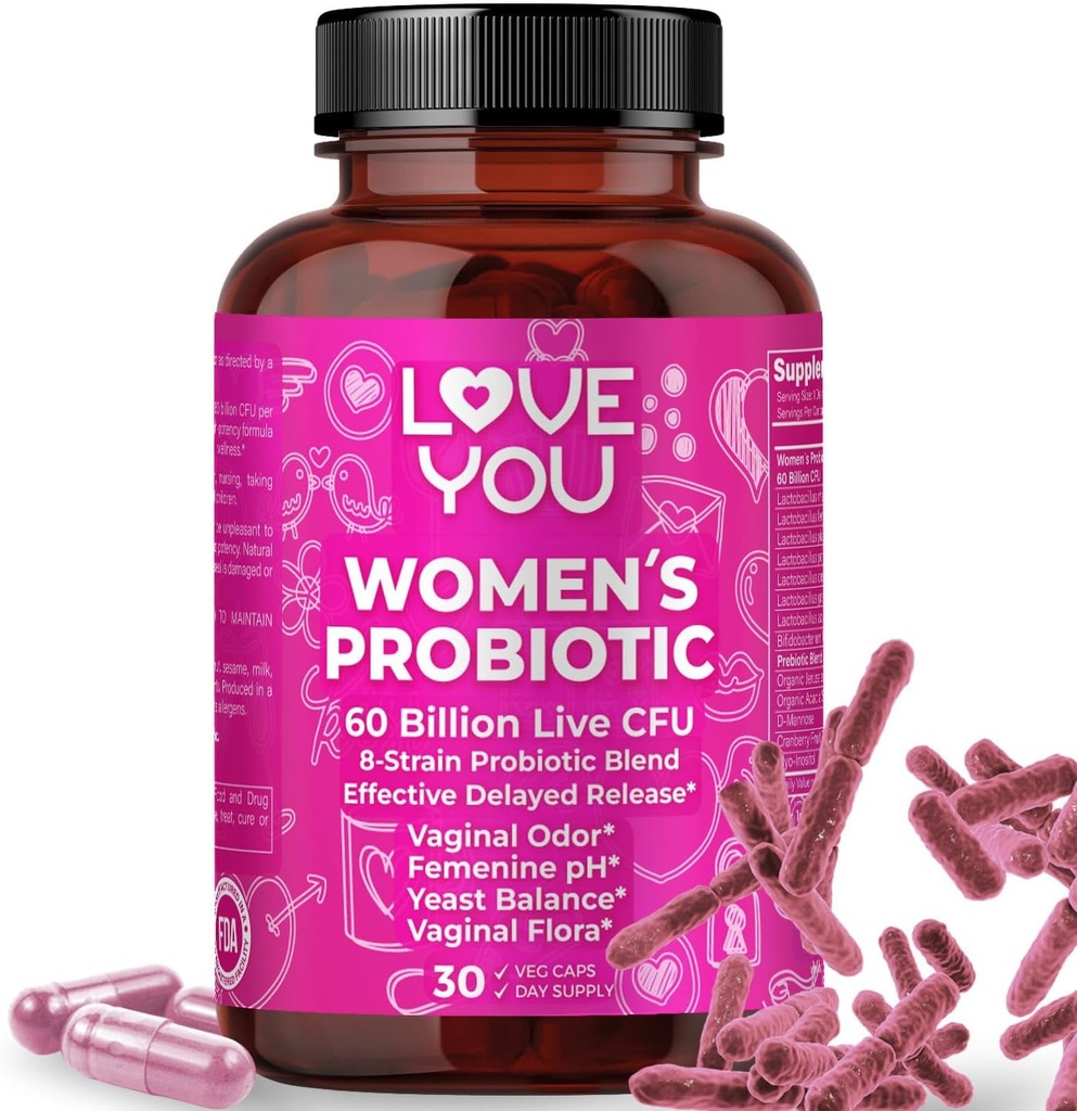 Love You Womens Probiootti, Ph Balance, Ut, Feminine, emättimen terveys täydentää, digestiivinen, Pre + Pro + Postbiootti, Viivästynyt julkaisu, 60 miljardia Live PMY, 8-strain Probiootti Blend, 30 Veg Caps Servings