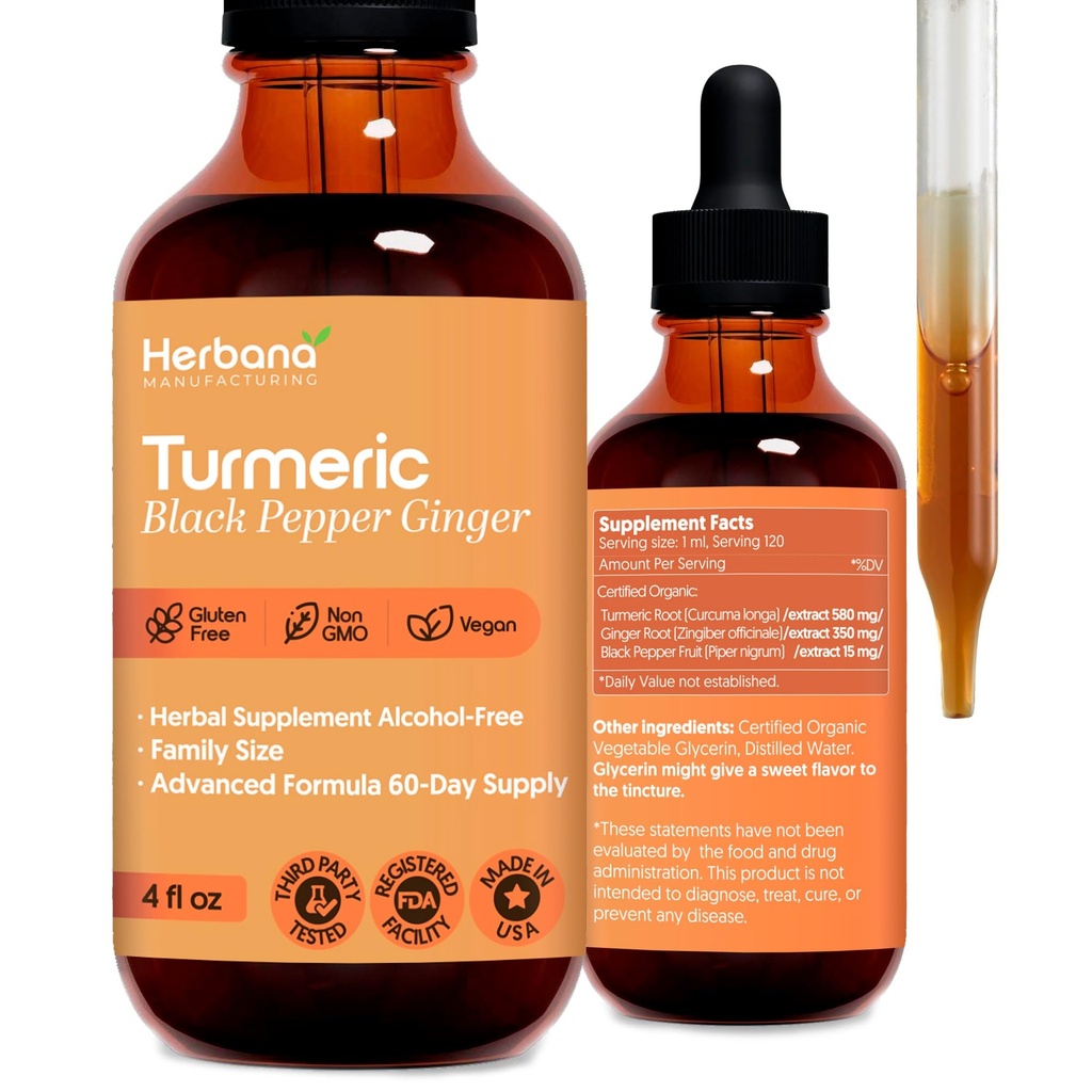 Kurkuma 3-in-1 Liquid Extract - Curcumin & Ginger, Black Pepper - Luonnollinen kasviperäisten täydentää - Immuuni ja aivojen Booster Tincture (2 FL OZ)