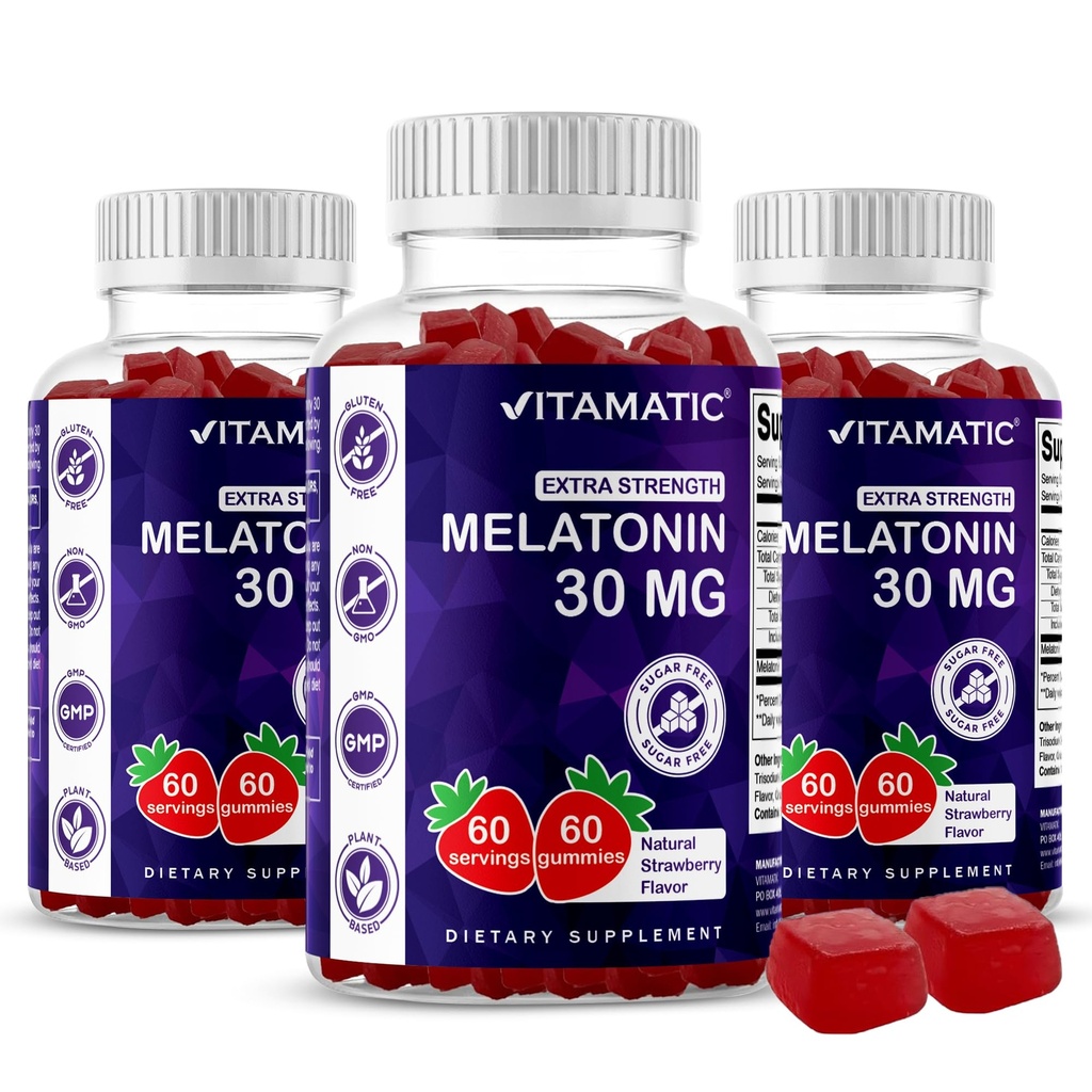 Vitamatic Sugar Free Melatoniinia 30 mg per Gummy - 60 Tarjoilua - 60 Kasvissyöjä Gummies - ei-luontotyyppi muodossa täydentää (60 Count (Pack of 3))