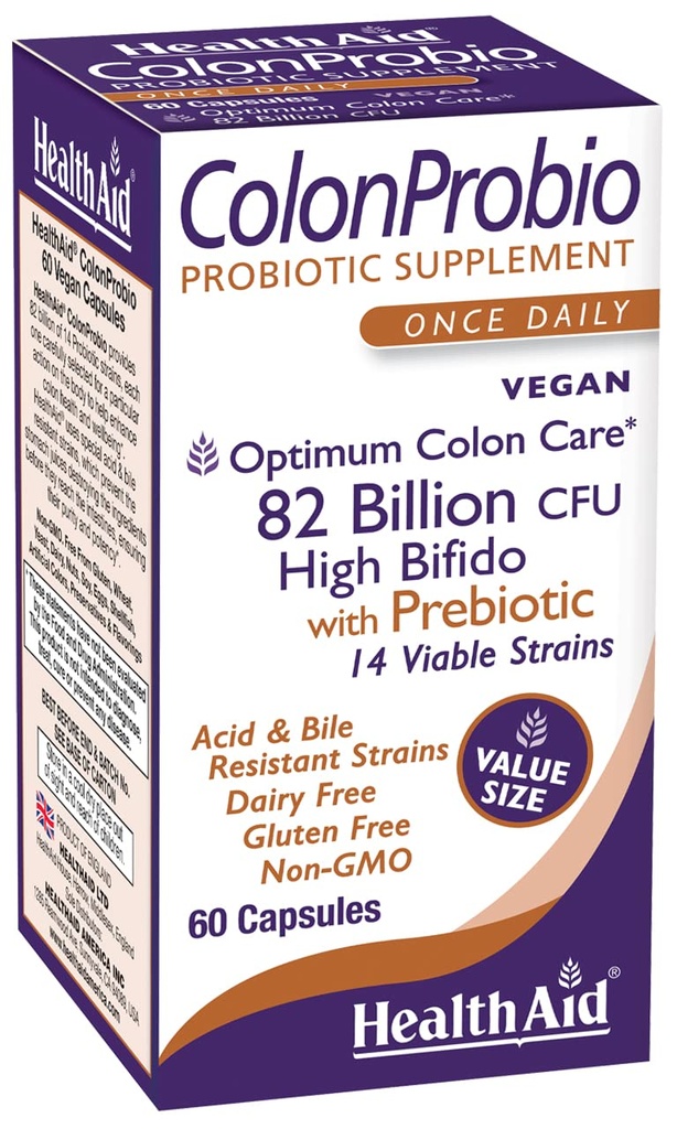 HealthAid ColonProbio 82 miljarder med prebiotiska, 14 stammar, Once Daily, 60ct, Optimum Colon Care, Acid & Bile Resistant, Dairy Free, Gluten Free, Non-GMO, High Bifido
