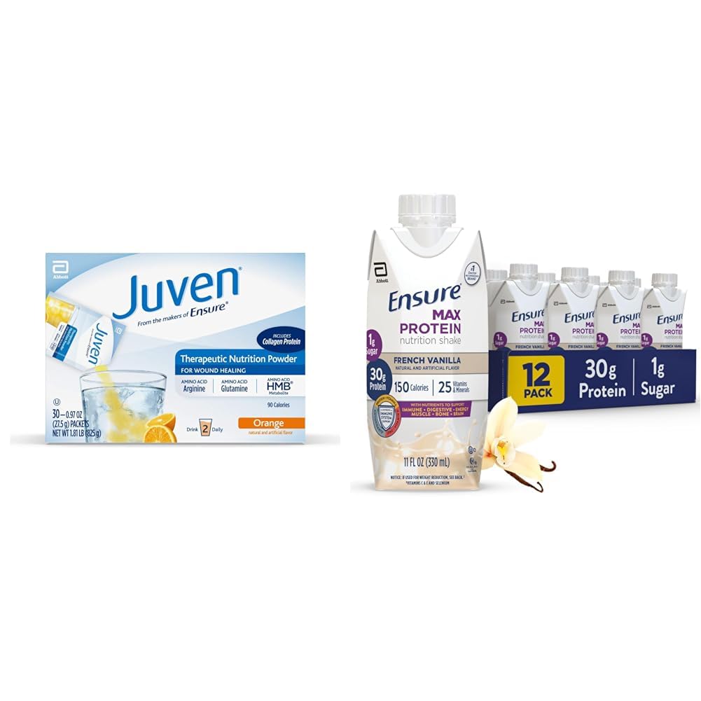 Juven Therapeutic Nutrition Drink Mix Powder for Wound Healing, 30 Count + Varmista Max Protein Nutrition Shake, Ranskalainen vanilja, 12 pakkaus