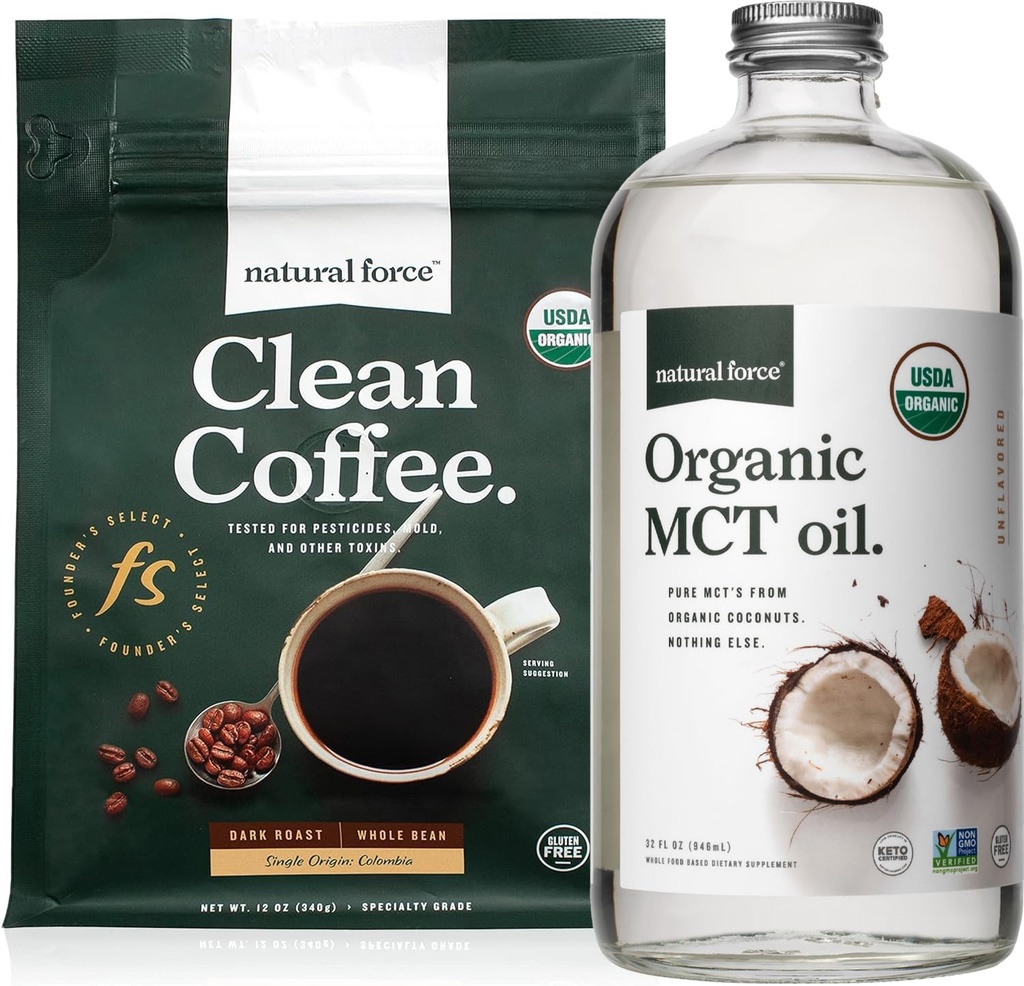 Natural Force Organic Dark Roast Clean Coffee + Organic MCT Oil Bundle ... 100% Pure Coconut MCTs & Mold & Mycotoxine Free Coffee