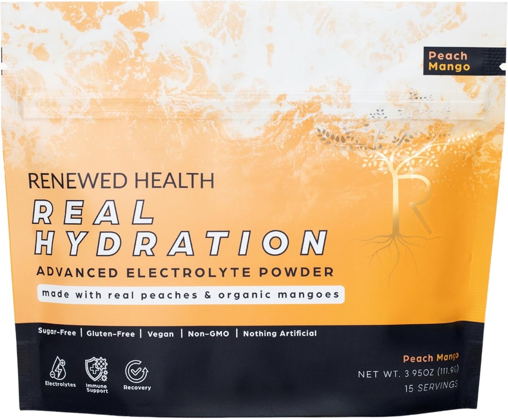 Real Hydration - Organic Fruit-Based Electrolyte Mix - Made with Organic Fruits & Pink Salt - Zero Sugar & Vegan - Hydration, Immune & Recovery Support (15 portioner, Peach Mango)