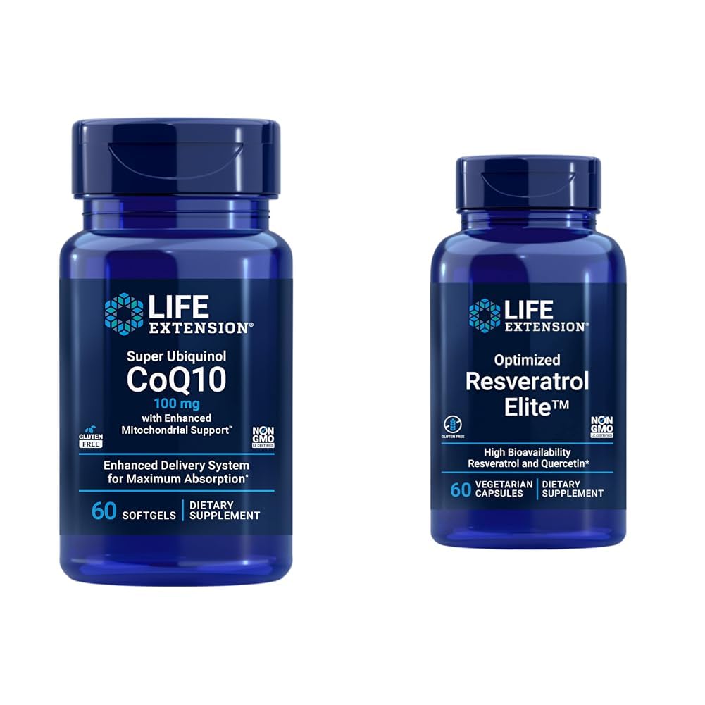 Life Extension Super Ubiquinol CoQ10 60 Softgels ja optimoitu Resveratrol Elite 60 Kasvissyöjä Kapselit Bundle