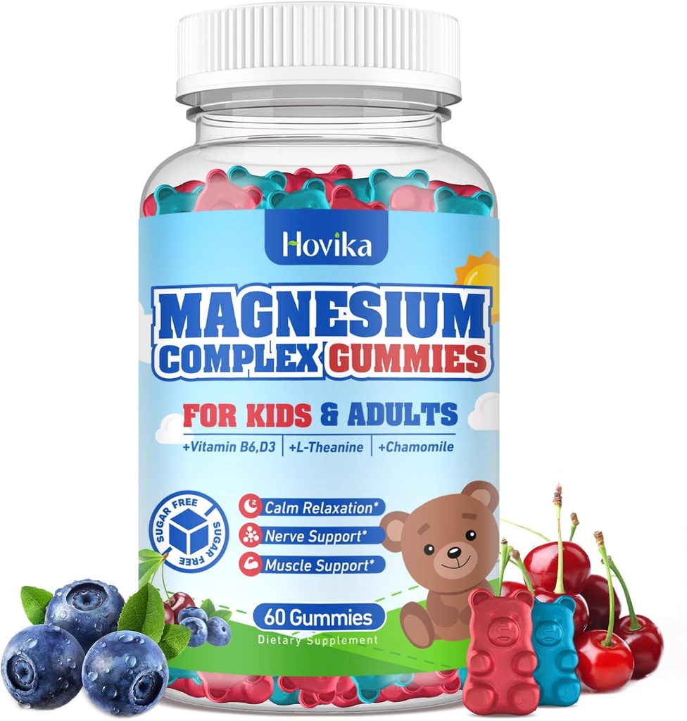 Lapset Magnesium Gummies - Magnesium Glycinate Citrate Chewable täydentää B6-vitamiinia, D3, intohimo kukka, L-theanine - Sokeriton rauhallinen Magnesium lapsille ja aikuisille uni, mieliala, rentoutuminen, 60 purut