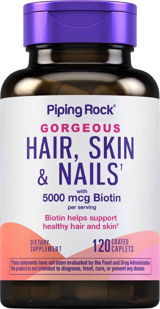 Piping Rock Hair Skin och Nails Vitamins | 120 Caplet Pills | med Collagen | 5000 mcg Biotin | Non-GMO, Gluten Free Supplement