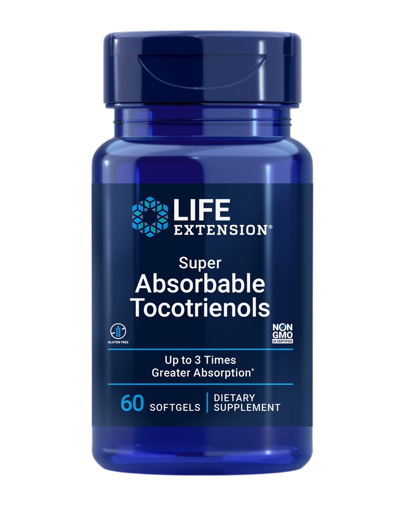 Life Extension Super Absorbable Tocotrienols, Vitamin E som D-Alpha tocopherol, Mixed tocotrienols, Support Hair Growth, Brain Function, Gluten-Free, Non-GMO, 60 softgels