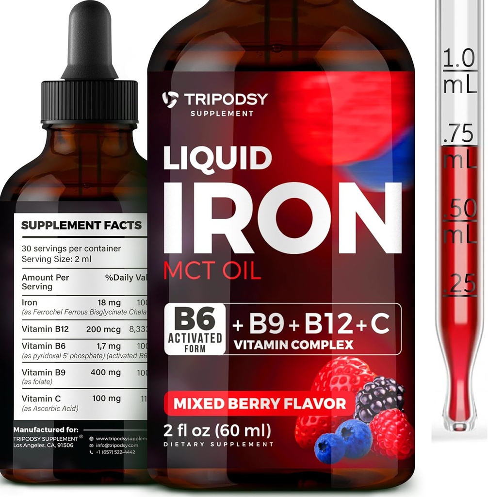 Flytande järntillskott för kvinnor och män - Järndroppar med B6, B9, B12, vitamin C för Anemi, Blodbyggare, folat för röd blodcell och immunstöd MCT Oil (2 Fl Oz, Mixed Berry)