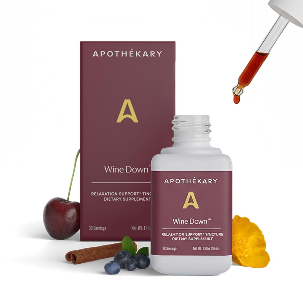Apothékary Wine Down, Natural Sleep and Relaxation Support, Alcohol-Free Red Wine-Inspired Herbal Liquid Drops, Consists of Blue Vervain, Tart Cherry och California Poppy, 1 uns, 30 portioner