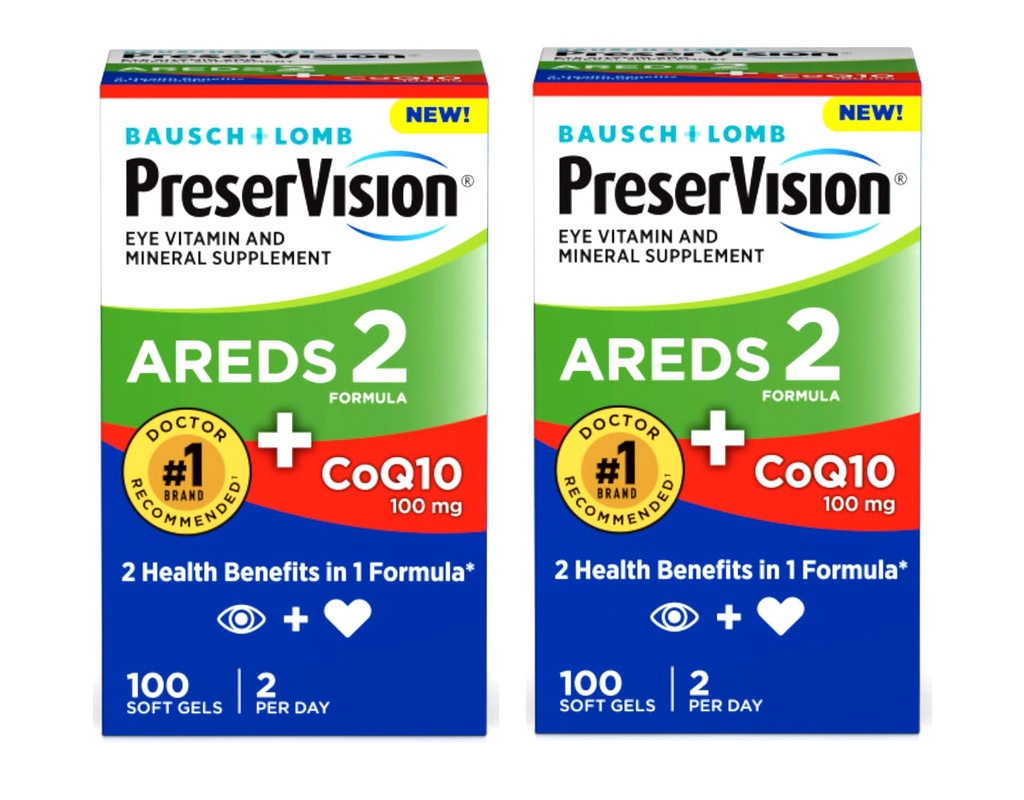 PreserVision Eye Vitamiini & Mineraali täydentää AREDS 2 Formula + CoQ10, 2-in-1 Terveysedut, 100 Softgels (2 per päivä) pakkaus 2
