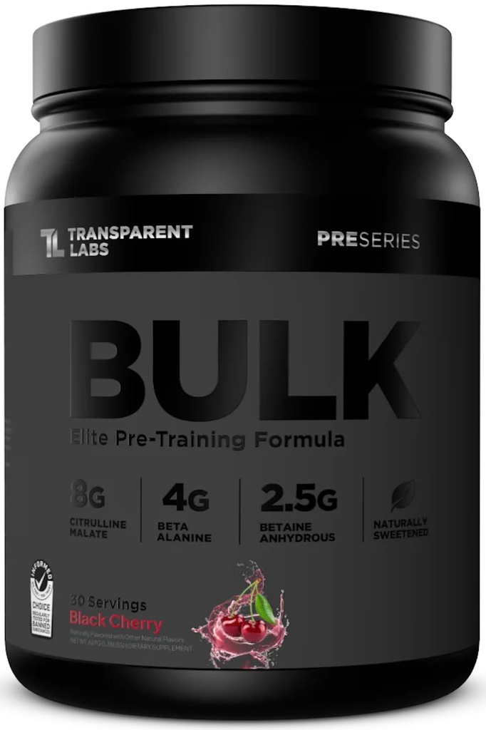 Läpinäkyvä Labs Bulk Black Pre workout - Kliinisesti annosteltu, sokeriton Esityö miehille ja naisille Beta Alanine Powder, Citroline malate, & kofeiini - 30 tarjoilua, musta kirsikka