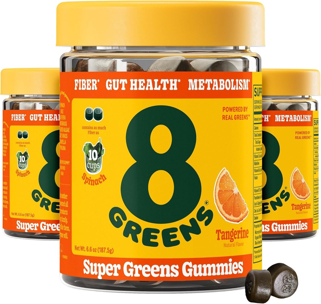 8Greens Daily Fiber Super Greens Gummies - Tangerine Maku: Boost Immune System & Dgestive Health 8 Real Greens - ei-GMO Formula, Purukumit, 50 Gummies, pakkaus 3