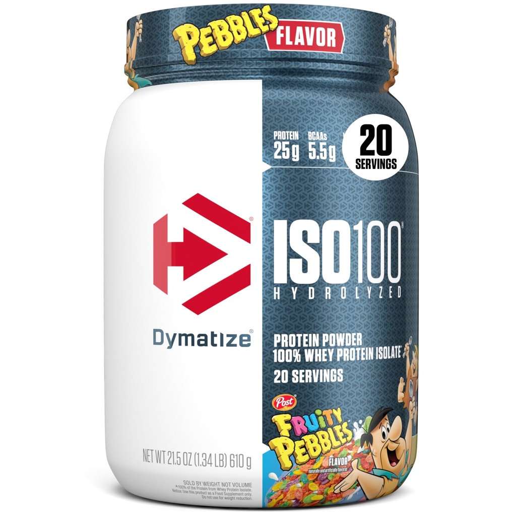 Dymatize x Fruity Pebbles ISO100 Whey Protein Powder Isolate, 25 g proteiinia, 20 tarjoilua, 5.5 g BCAAs, 120 Cal., Gluteeniton, 1g rasvaa, 1g sokeria, 2g Carb