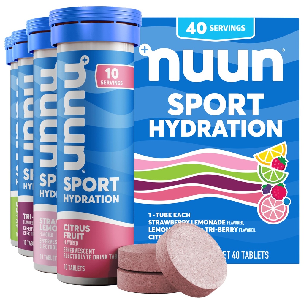 Nuun Sport Elektrolyyttitabletit proaktiiviseen nesteytykseen, sekoitettuja makuja, 4 pakkausta (40 tarjoilua)
