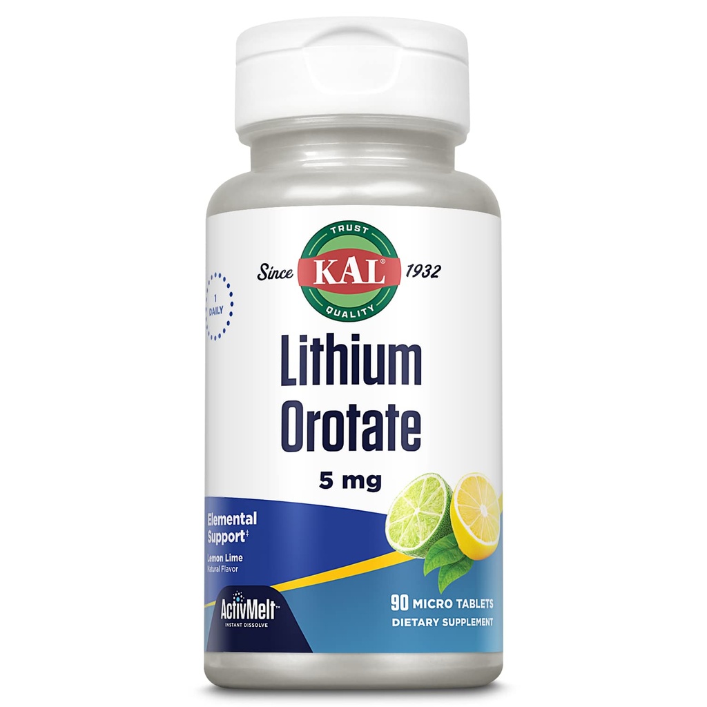 KAL Litium Orotate ActivMelt 5mg, kelated Litium Optimaalisen imeytymisen ja hyötyosuuden, terveen mielialan tuki, luonnollinen sitruunan lime maku, pikainen liuotus Tabletit, 90 tarjoilua, 90 mikrotablettia
