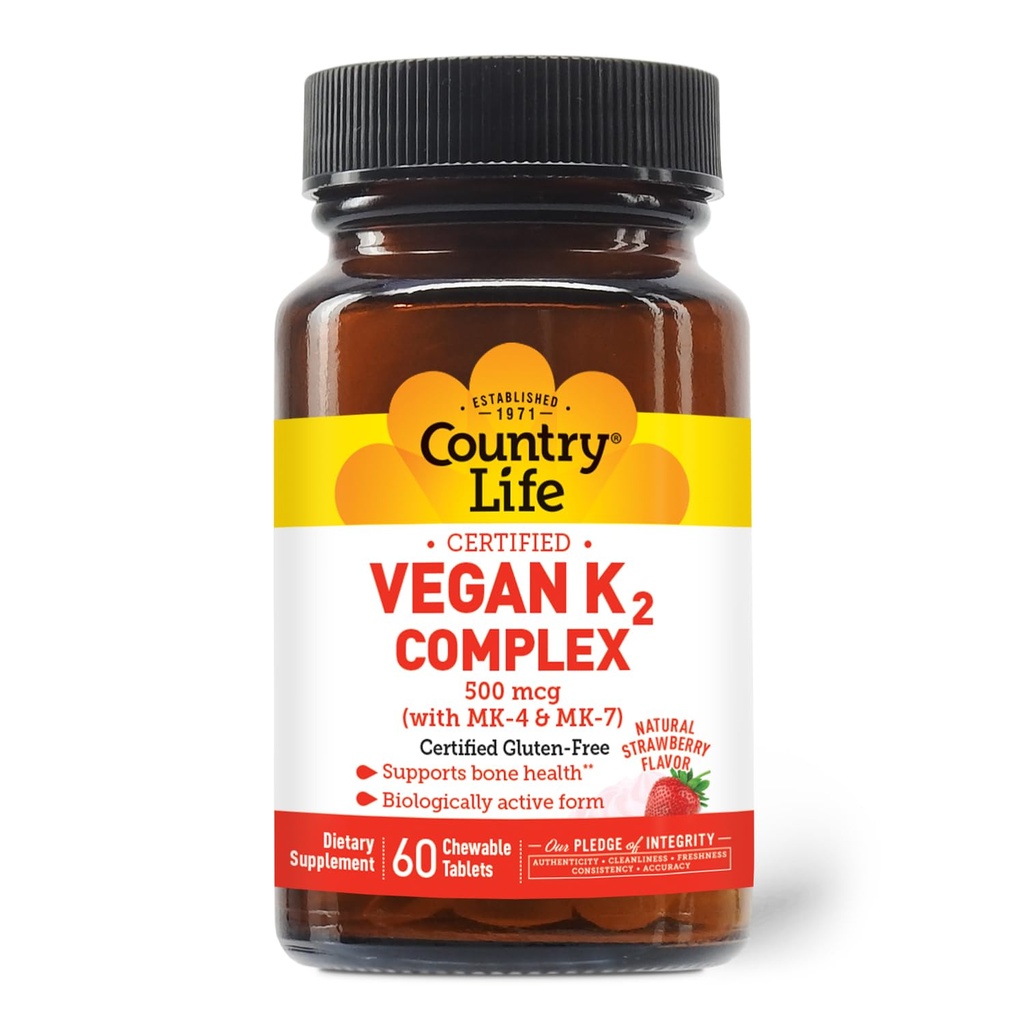 Country Life® Vegan K2-500 mikrog, 60 Ct. Purutabletti. Mansikan maku - Certified Gluten Free - Certified Vegan by AVA ...