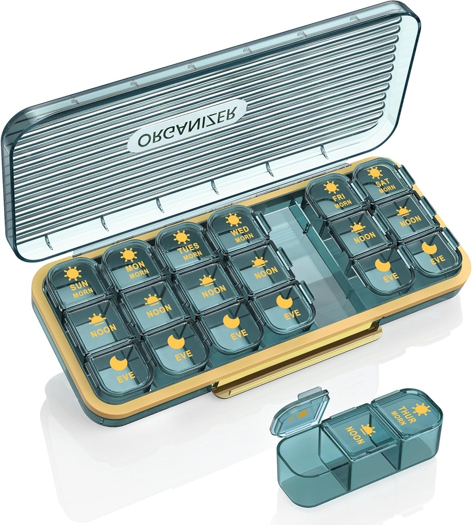 Pill Organizer 3 Times A Day, 7 Day Pill Box 3 Times A Day - Acedada Weekly Vitamin Box Organizer med 7 Separata behållare, Portable Daily Medicine Planner Case för vitamin Fish Oil Supplement, Blue