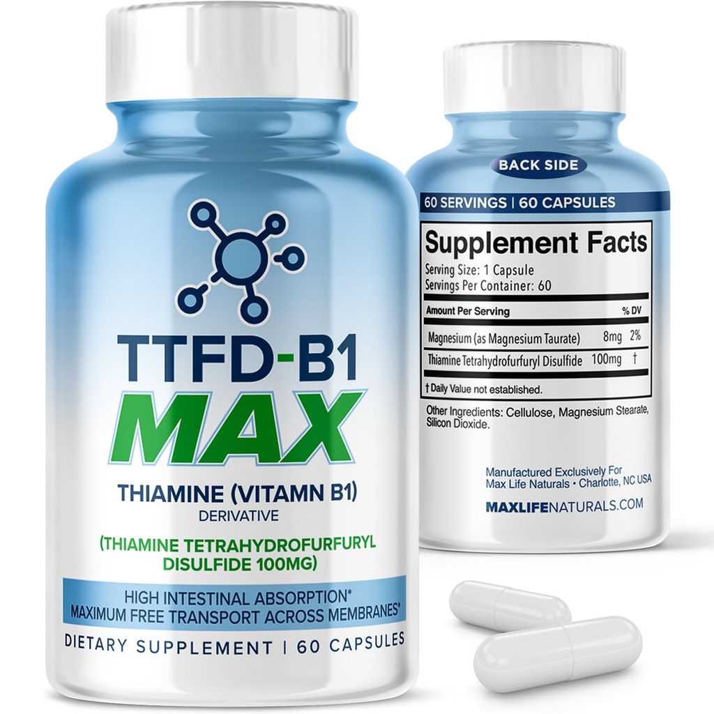TTFD tiamine B1 Supplement 60Capsules Made in USA- tiamine TTFD B1-vitamiini MAX, High-Potency Supplement for Energy & Focus, Tukee terve hermojen toiminta & yleinen hyvinvointi MaxLife Naturals