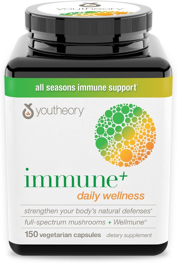 Youtheory Immune+ Daily Wellness- Organic Mushrooms- Beta Glucan- Vitamin C, D3 & Zink 150 Vegetariska Caps