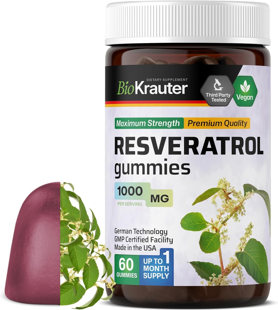 BIO KRAUTER Resveratrol Gummies - 1000 mg Styrka - 60 Vegan Chews - 98% Pure Trans Resveratrol Supplement - Antioxidant Support