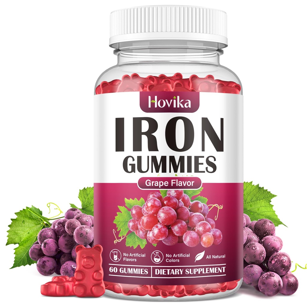Järn Gummies Supplement för kvinnor och män, Järntillskott för Anemi med C-vitamin, B12, Folate-Blood Builder & Energy Support för järnbrist, Vegan, 60 Gummies
