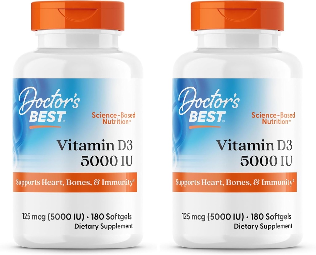 Läkarens bästa vitamin D3 5000IU, icke-GMO, Gluten & Soy Free, reglerar immunfunktion, stöder hälsosamma ben, vita, ingen smak, 180 greve (Pack of 2)