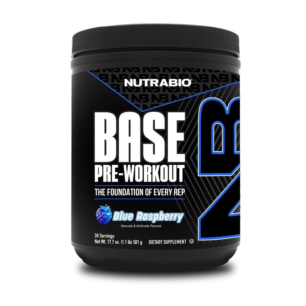 NutraBio Base Pre-Workout Powder 200 mg kofeiini, kestävä energia, Focus, Endurance, Pump, sokeriton, puhdas esityö miesten ja naisten - Beta Alanine, L-tyrosiini, 30 tarjoilut - Sininen vadelma