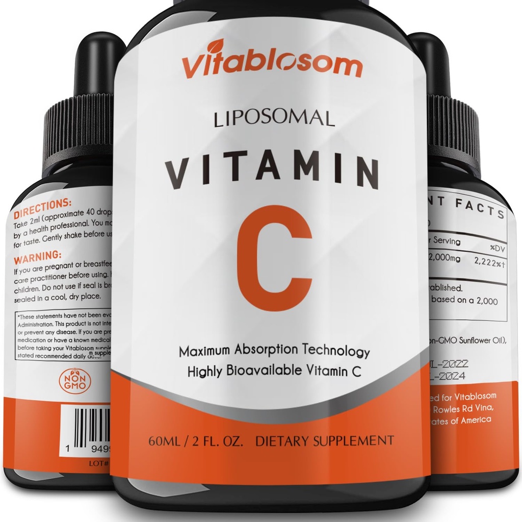 Liposomaalinen C-vitamiini 2000 mg nestemäinen aikuisille, suuri imeytyvä VIT C, Maksimoi C-vitamiini, immuunijärjestelmä ja antioksidantti tuki, 60ML (1 pullo)