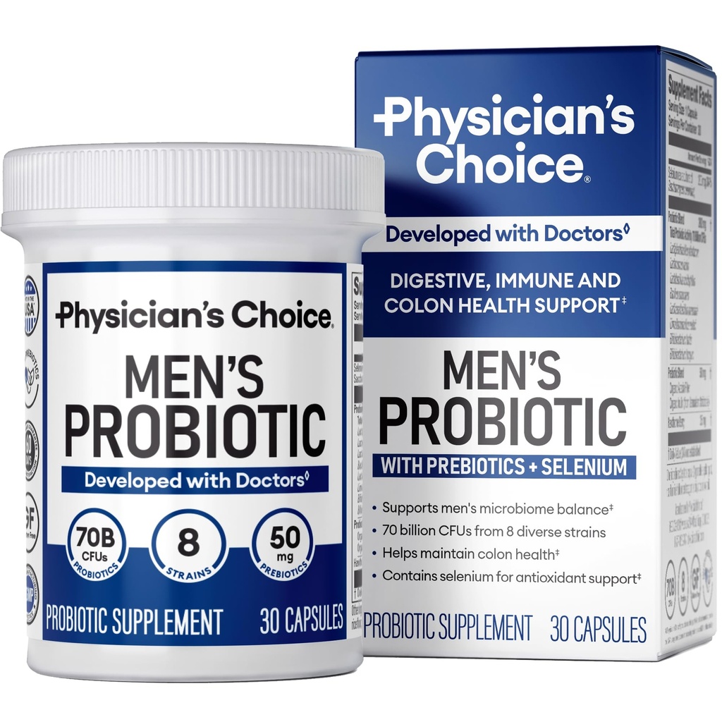 Lääkärin valinta Probiootit miehille - 70 miljardia PMY - 8 kanta - w/ Selenium & Organic Prebiootit - Tukee Dgestive Health, Microbiome, Colon, & Immuuniterveys - Advanced Miesten Probiootti - 30ct