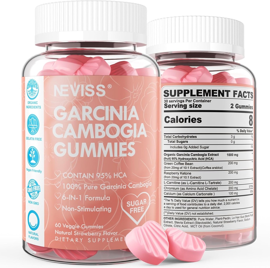 Sokeriton Garcinia Cambogia Gummies 1000 mg 95% HCA L-karnitiini, Vadelma Ketone, Kromi, Vihreä kahvi Bean aineenvaihdunta, energia Boost, 100% Organic Extract, Vegan, Mansikka maku 120 Cts